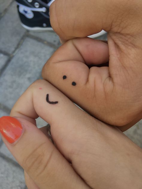 #smile #tattoo #doodle #friend Happy Face Tattoo Finger, Friend Stick And Poke Tattoos, Smile Tattoo Ideas, Smile Tattoos, Finger Tattoos For Couples, Stick Tattoo, Ankle Tat, Smile Tattoo, Half Smile