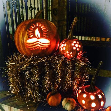 Halloween 🎃 + Diwali 🕉 = Hallowali #culturalfusion #pumpkincarving #halloween #diwali #creative #carving Diwali Halloween, Diwali Creative, Pumpkins Diy, Tent Decor, Concrete Patio Designs, Tent Decorations, January 3, Patio Designs, Pumpkin Faces