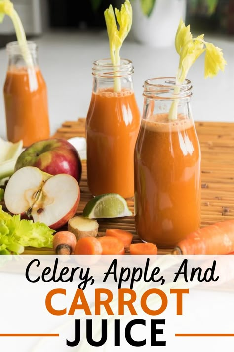 This carrot apple celery juice is a great way to build more nutrition into your daily routine!  This is an easy juicer recipe that requires just a few ingredients but provides an amazing tasting, nutrient-packed homemade juice. Carrot Juice Recipe Juicers, Apple Celery Juice, Celery Smoothie Recipes, Carrot Apple Juice, Apple Juice Recipe, Celery Smoothie, Carrot Juice Recipe, Celery Recipes, Healthy Juicer Recipes