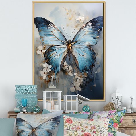 This beautiful "Butterfly Ethereal Blues Form Abstract Elegance" Framed Canvas Art is printed using the highest quality fade resistant ink on canvas. Every one of our Animals Framed Wall art is printed on premium quality cotton canvas. Mural Butterfly, Beautiful Bedroom Colors, Birds In The Sky, Butterfly Canvas, Butterfly Wall Decor, Butterfly Pictures, Butterfly Frame, Butterfly Wall, Picture Frame Wall