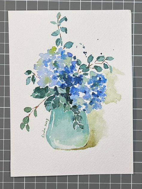 Watercolor Flower Pot, Flower Vase Watercolor, Watercolor Flowers In Vase, Watercolour Pencil Art, Hydrangea Watercolor Painting, Watercolour Hydrangea, Watercolor Vase, Hydrangea Watercolor, Paw Print Art