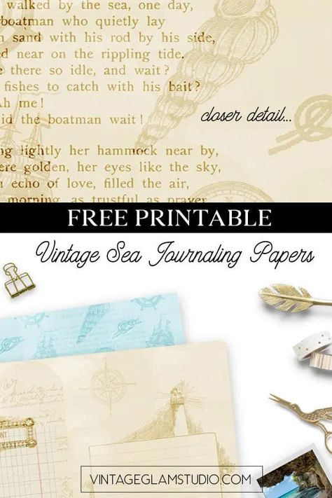 By The Seaside Journaling Papers Printables - Junk Journal Sea Theme, Seaside Junk Journal, Free Printable Junk Journal Kits, Free Nautical Printables, Free Ephemera, Free Scrapbook Paper, Journal Printables Free, Beach Themed Crafts, Free Vintage Printables