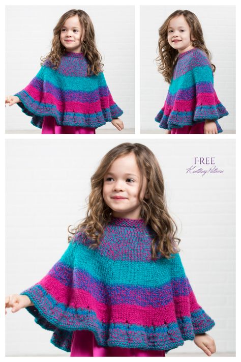 Kids Poncho Free Knitting Patterns - Knitting Pattern Poncho Knitting Patterns Free, Knitted Poncho Patterns Free, Girls Poncho Crochet Pattern, Kids Poncho Pattern, Knitting Kids Sweaters, Easy Poncho Knitting Pattern, Kids Sweater Pattern, Poncho Knitting, Girls Poncho