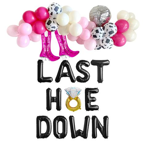 "- \"Last Hoe Down\" Foil Letters - 16-inch, Non-Floating - 16 in Ring Balloon - 4 ft Balloon Garland (color as the listing photo)  - Western Boot  Package Comes with: - Straw - String ♦ PICKUP OPTION ♦ Pickup is available in SF Bay Area. Pickup locations: DALY CITY, and HAYWARD.  Time: Monday-Friday Please order ahead on etsy and convo us for address and available time." Country Bachelorette Decorations, Country Bachelorette Party Decorations, Bachelorette Party Western Theme, Western Batchloret Party, Bachelorette Party Decorations Nashville, Last Hoedown Bachelorette Party, Cowgirl Bachelorette Party Decorations, Nashty Bachelorette, Nashville Bachelorette Party Bandanas