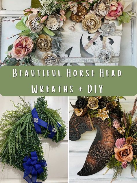 21 Beautiful Horse Head Wreaths + DIY Ideas - Pink Pop Design Horse Head Wreath Pattern, How To Make A Horse Head Wreath, Diy Horse Head Wreath, Horse Wreath Diy, Diy Horse Wreath, Horse Wreaths For Front Door, Horse Head Wreath Tutorial, Horsehead Wreath, Horse Ornaments Diy