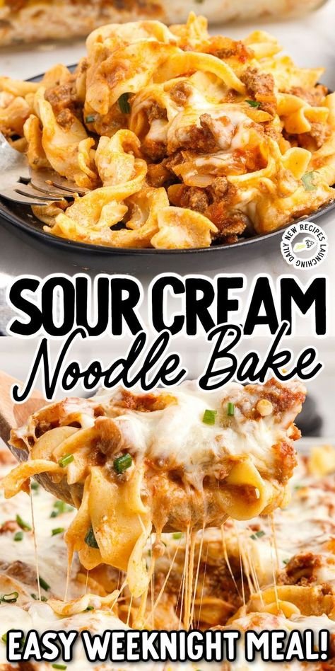 Sour Cream Noodle Bake Sour Cream Noodle Bake Pioneer Woman, Sour Cream Bake, Sour Cream Pasta, Sour Cream Noodle Bake, Noodle Bake, Pasta Side, Creamy Tortellini, Cream Pasta, Skillet Dishes