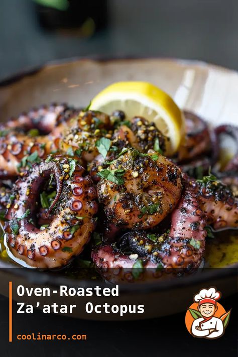 A delicious and flavorful recipe for oven-roasted za’atar octopus. Octopus Recipes Air Fryer, Octopus Grilled Recipes, Octopus And Potatoes Recipe, Baked Octopus Recipes, Octopus Dishes Recipes, Whole Octopus Recipes, Octopus Tentacles Recipe, Octopus Recipes Easy, How To Cook Octopus