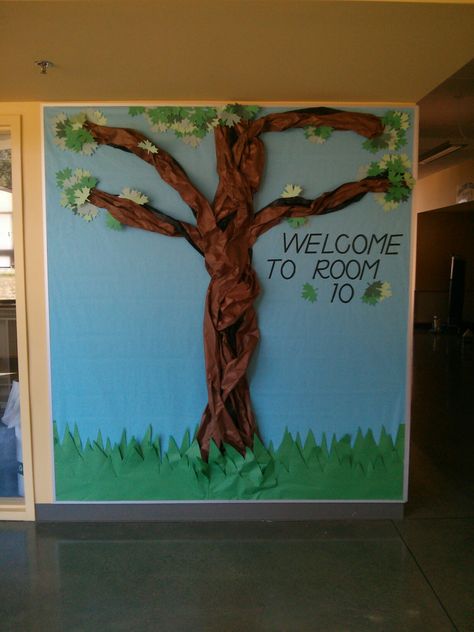 Bulletin board 3d tree Oak Tree Bulletin Board, Tree On Bulletin Board, 3d Tree Bulletin Board, 3 D Tree For Classroom, Diy 3d Tree For Classroom, 3d Bulletin Boards, Bulletin Board Tree, 3d Tree, Welcome Boards