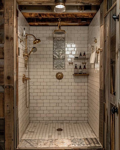 Farmhouse Style Shower Ideas, Cottage Bathroom Shower Ideas, Walk In Shower Rustic, Big Walk In Shower Ideas, Rustic Walk In Shower Ideas Tile, Waterfall Shower Ideas, Walk In Shower Ideas Small Bathroom, Modern Farmhouse Shower Ideas, Basement Shower Ideas