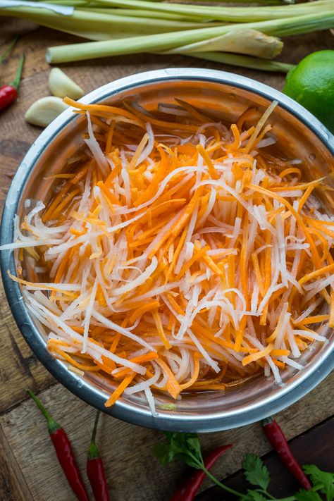 Peanut Shrimp, Pickled Carrots And Daikon, Pickled Daikon Radish, Pickled Slaw, My Korean Kitchen, Pickled Carrots Recipe, Daikon Recipe, Pickled Carrot, Radish Recipe