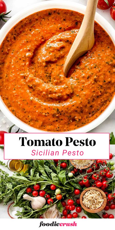 This Sicilian Tomato Pesto recipe puts a vibrant twist on classic pesto!  Sun-dried tomatoes add a burst of sweetness and tang to a blend of fresh basil, garlic, Parmesan cheese, and toasted almonds.  Simple to prepare yet bursting with flavohealthr, it's a delicious sauce for pasta, a spread for bruschetta, or even a flavorful topping for grilled chicken or fish. Tomato Basil Pesto Recipe, Sauces With Tomatoes, Summer Sauce Recipes, What To Do With Too Much Basil, Sun Dried Tomato Pesto Sauce, Pesto Food Ideas, How To Can Pesto, Pesto And Marinara Pasta, Canning Pesto Recipe