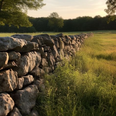 "Peer into the distant horizon with \"Beyond the Barrier,\" a collection featuring the tranquil beauty of a stone wall overlooking clear grass expanses. These photographs capture the timeless allure of a sturdy stone wall framing the expansive views of pristine greenery. Immerse yourself in the calming visuals of this scenic landscape, where the rugged charm of the stone wall harmonizes with the clarity of the surrounding grasslands." Stone Wall Exterior House, Prairie Landscaping, Cobblestone Wall, Field Stone Wall, Rock Fence, Old Stone Wall, Stone Walls Garden, Wall Framing, Wolf World