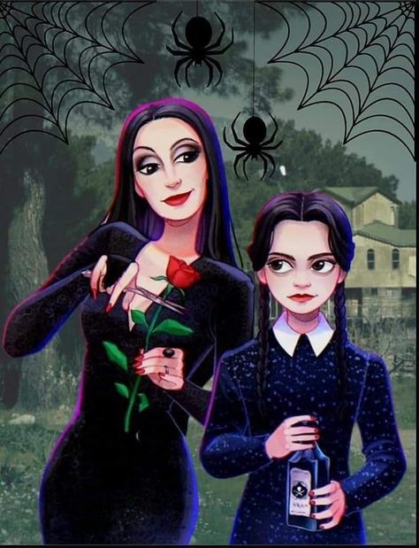 Morticia And Wednesday Tattoo, Morticia Addams Cartoon, Morticia And Wednesday Addams, Wendy Adams, Addams Family Theme Party, The Adams Family, Addams Family Theme, Family Picture Collages, Living Statue