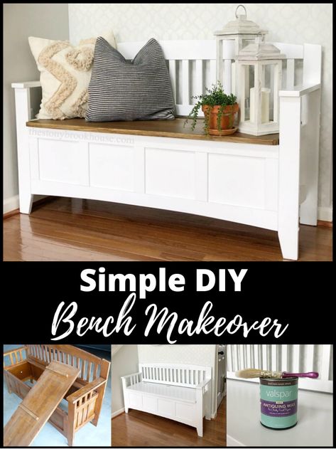 DIY Bench Makeover Diy Bench Restoration, Deacons Bench Makeover, Bench Makeover Wooden, Old Bench Makeover, Refurbished Bench, Simple Diy Bench, Bleached Furniture, Easy Diy Bench, Rehab Furniture