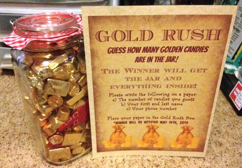 Gold Rush guessing game finished. I put a bandana and sheriff's badges and some other things in there too. Gold Rush Theme Party, Cowboy Themed Games, Wild West Party Favors, Country Western Party Games, Cowboy Christmas Games, Gold Rush Birthday Party, Gold Mining Birthday Party, Western Games For Adults, Western Party Games For Adults