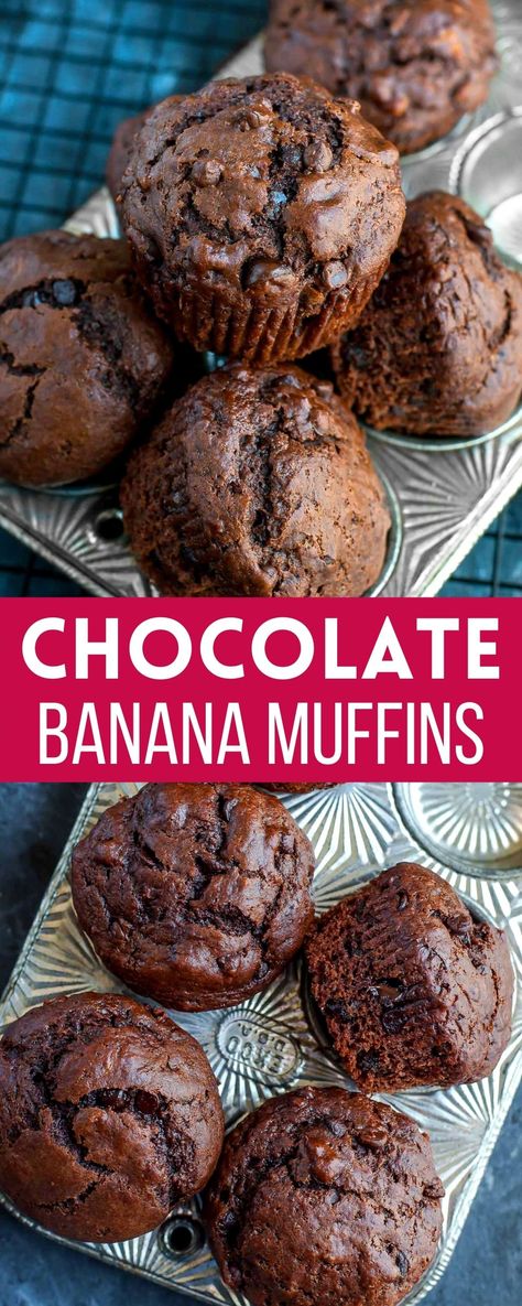 chocolate muffins in muffin tin photo collage Use Over Ripe Bananas, Muffins Savory, Double Chocolate Banana Muffins, Over Ripe Bananas, Pudding Banana, Muffins Banana, Muffins Chocolate, Banana Design, Bread Banana