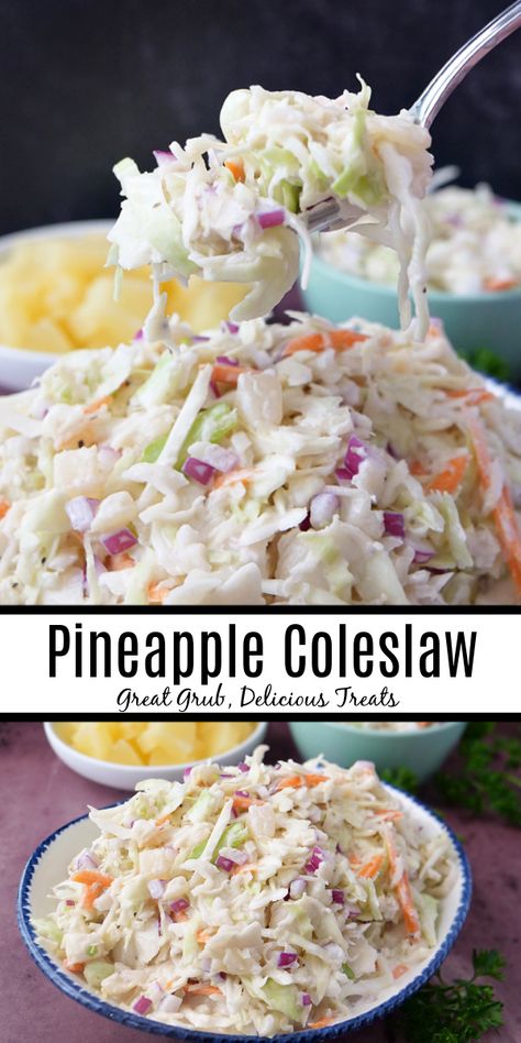 Pineapple Coleslaw is a simple, easy, and delicious coleslaw recipe that is made with only eight simple ingredients. Yummy Coleslaw Recipe, Pineapple Coleslaw Recipe, Traditional Coleslaw Recipe, Pineapple Coleslaw, Salad Mixes, Coleslaw Recipe Easy, Coleslaw Salad, Coleslaw Dressing, Homemade Coleslaw