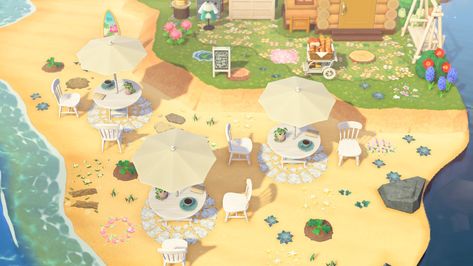 Acnh Beach Bonfire Ideas, Acnh Beach Cafe Ideas, Acnh Beachside Cafe, Animal Crossing Beach Cafe, Beach Decor Animal Crossing, Beach Cafe Acnh, Animal Crossing Cafe Ideas, Acnh Peninsula, Beach Bonfire Ideas