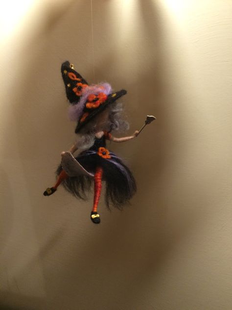 Needle felted Fairy Waldorf inspired  Witch with a magic broom Felting Halloween, Needle Felted Halloween, Felted Witch, Felted Halloween, Witch On A Broom, Witches Halloween Party, Wool Felt Projects, Felt Fairy, Flying Witch