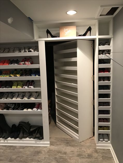 Hidden Door in custom shoe closet Hidden Room In Closet Walk In, Hidden Door In Closet Wardrobes, Hidden Door To Closet, Hidden Walk In Closet Secret Doors, Closet With Hidden Door, Hidden Walk In Wardrobe, Hiding Closet Doors, Hidden Door Closet, Hidden Door In Closet