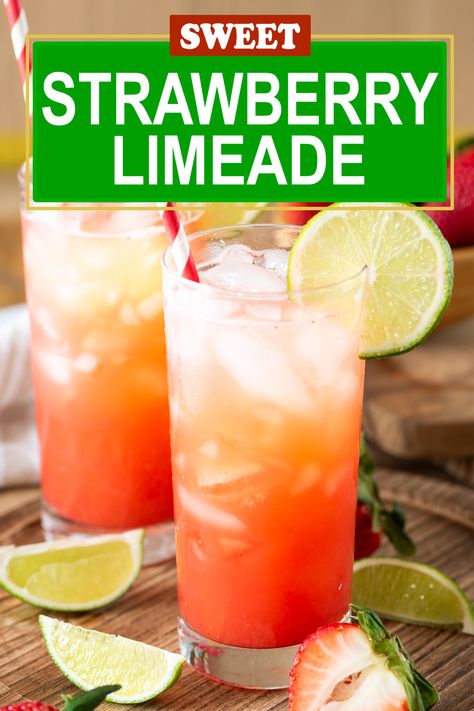 Two tall glasses of strawberry limeade drink. Strawberry Limeade, Strawberry Drinks, Pineapple Strawberry, Smoothie Drink Recipes, Refreshing Drinks Recipes, Sweet Tart, Natural Drinks, Summer Drink, Fresh Strawberries