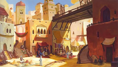 So if you couldn't guess, I've been working on backgrounds for Aladdin (in fact, the Arlington Children's Theatre production of Aladdin Jr!)... Arabian Marketplace, Arabian Background, Arabian Market, Aladdin Jr, Bg Design, Level Design, Fantasy City, Food Table, Fantasy Places