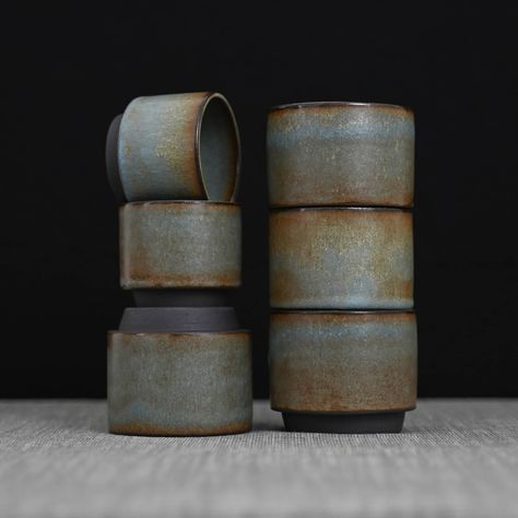 Blue-brown stackable coffee cups, each is hand-thrown from black clay. In two sizes. The smaller cups work well for espresso, flat white and the larger for cappuccino. #pottery #potterystudio #ceramics #keramik #ceramique #coffeecup #tumbler #handmade #minimalism Espresso Cups Ceramic, Black Clay, Pottery Studio, Espresso Cups, Hand Thrown, Wheel Thrown, Cappuccino, Food Safe, Blue Brown