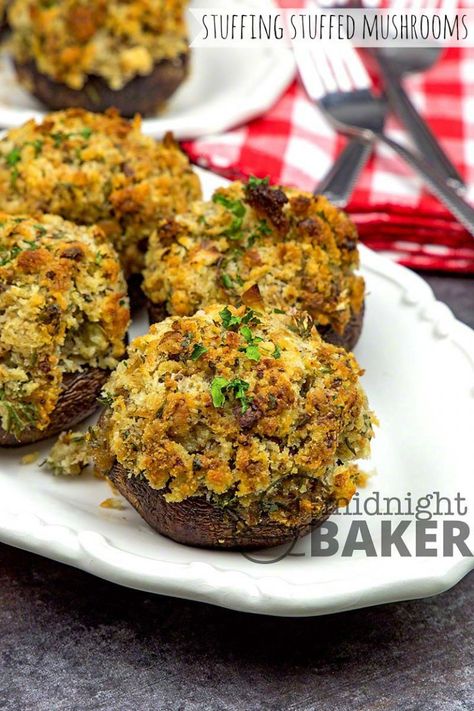 Mushrooms stuffed with a delicate bread mixture that's perfect with poultry Stuffing Stuffed Mushrooms, Rotisserie Chicken Seasoning, Melting Potatoes, Mushroom Stuffing, Mushrooms Stuffed, Cheesy Rice, Stuffed Mushroom, Clam Recipes, Thanksgiving Recipes Side Dishes