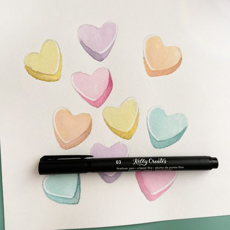 Candy Hearts Valentine’s Day Tutorial – Kelly Creates Candy Heart Watercolor, Watercolor Candy Hearts, Candy Hearts Painting, Candy Heart Painting, Valentine’s Day Watercolor, Watercolour Valentines, Watercolor Candy, Valentine Candy Hearts, Valentines Watercolor