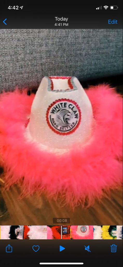 White Claw Cowboy Hat, Alcohol Costumes, Alcohol Hats, Alcohol Halloween Costumes, 21 Bday Ideas, Cowgirl Bachelorette Party Outfits, Clothing Painting, 21 Party, Cosmic Cowgirl