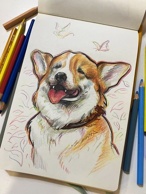 Dog Color Pencil Drawing, Animal Study Drawing, Dog Drawing Colored Pencil, Color Pencil Animals, Colored Pencil Art Animals, Colored Pencil Sketches, Buddhist Art Drawing, Sketchbook Art Journal, Art Painting Gallery