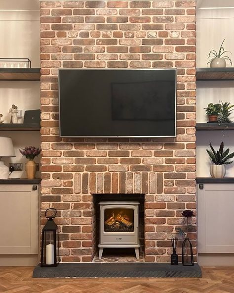 A feature worth featuring, blend 1 and cream mortar making this chimney breast stand out as a delightful focal point.. . #brickslips #chimneybreast #fireplace Brick Media Wall, Tiled Chimney Breast, Tiled Chimney, Brick Chimney Breast, Brick Slip, Brick Chimney, Brick Tile, Chimney Breast, Tile Companies