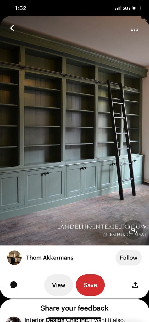 Builtin Bookshelves, Floor To Ceiling Bookshelves, Painted Bookshelves, Office Built Ins, Home Bar Rooms, Living Room Built Ins, Library Ladder, Library Inspiration, Bookshelves In Living Room