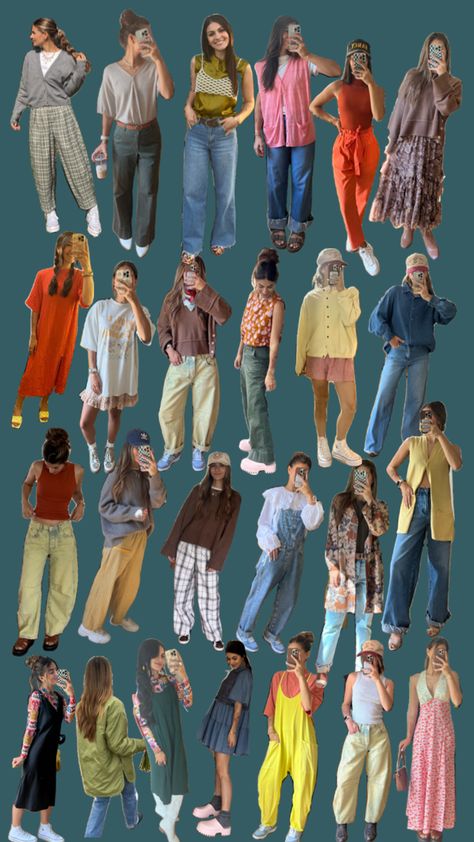 a few of my outfits, outfit inspo, what to wear, spring outfit, outfit ideas, summer fashion Colorful Tomboy Outfits, Eclectic Summer Outfits, Mismatch Outfit Ideas, Queer Summer Fashion, Queer Style, Eclectic Outfits, 2025 Goals, Collage Outfits, Outfit Ideas Summer