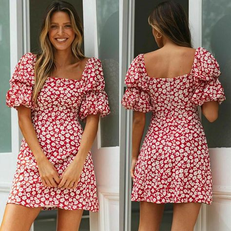 92af93f73faf3cefc129b6bc55a748a9desc53183460ri Mini Dress Summer Casual, Square Neck Mini Dress, Boho Print Dress, Boho Beach Dress, Dress Sleeve Length, Boho Mini Dress, Red Floral Dress, Vintage Floral Dress, Beach Wear Dresses