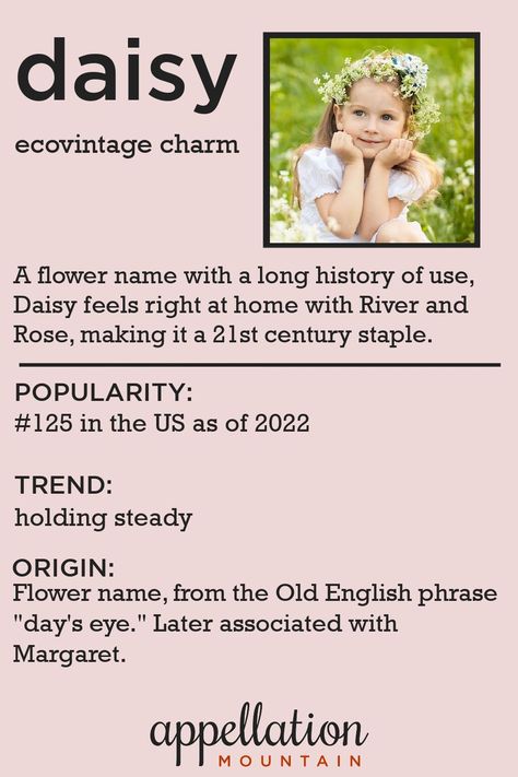 A vintage charmer with 21st century nature name appeal, Daisy is popular but not TOO common, a great combination. #girlnames #babynames #namingbaby #appellationmountain Old English Phrases, Daisy Name, Nature Names, Daisy Girl, Flower Names, Name Day, Old English, Girl Names, 21st Century