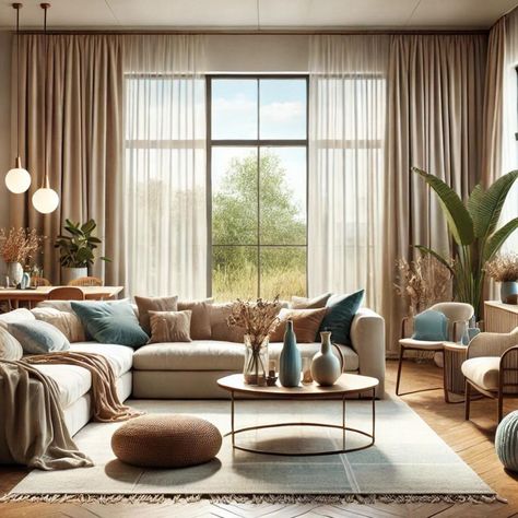 Get the Look: Tranquil & Modern Living Room ✨ Transform your space with this serene and stylish living room design! Here’s how to achieve this look at home: 1. Neutral Tones with Pops of Color Build your base with shades of beige, cream, and taupe. Add soft blues and greens through pillows and decor to keep it lively: • Choose a neutral-toned sofa • Add colorful throw pillows and blankets • Use blue and green vases, books, and decor pieces 2. Layered Window Treatments Combine sheer and op... Curtains With Cream Couch, Cream Curtains Living Room, Through Pillows, Cream And Beige Living Room, Beige Curtains Living Room, Beige Sofa Living Room, Layered Window Treatments, Throw Pillows And Blankets, Green Vases