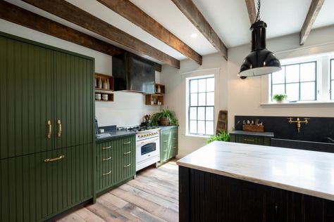 The Best Farmhouse Kitchen Design Ideas From 'Farmhouse Fixer' | Farmhouse Fixer | HGTV Refrigerator Vintage, Beadboard Cabinets, Rustic Ceiling Beams, Farmhouse Kitchen Designs, Glass Upper Cabinets, Farmhouse Fixer, Remodeling Trends, Family Farmhouse, Vintage Crates