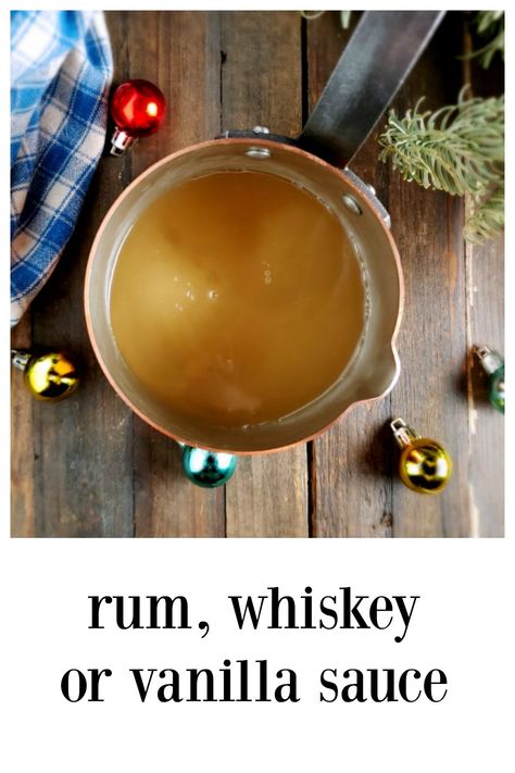 Rum, Whiskey or Vanilla Sauce is that sweet little sauce that\'s so perfect over bread pudding, apple or spice cake. A few minutes to make, raisins are optional. #RumSauce #WhiskeySauce #VanillaSauce #RumRaisinSauce Christmas Pudding Sauce, Bread Pudding Apple, Rum Sauce Recipe, Apple Bread Pudding Recipe, Raisin Sauce, Whiskey Sauce, Rum Sauce, Rum Extract, Vanilla Rum