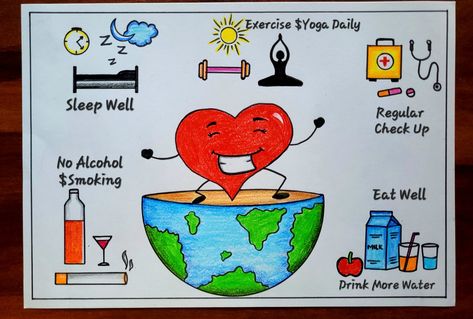 Video Tutorial uploaded on Amrita's_Artwork_333. Subscribe for more creative Drawings and School Projects.Health Day Drawing | World Health Day Poster Easy for kids | Stay Healthy Stay Safe Poster idea My Health My Right Poster Drawing, World Heart Day Poster Design Creative, Global Well Being Poster, My Health My Right Poster, Eat Healthy Stay Healthy Poster Drawing, World Heart Day Poster Design Idea, Posters About Health, Good Health And Well Being Drawing, Health And Hygiene Drawing