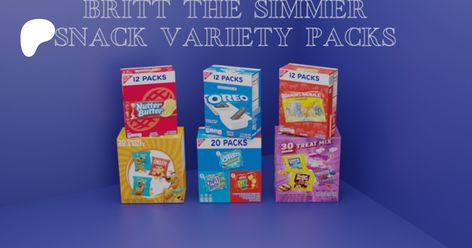 Snack Variety Packs | Britt The Simmer Sims 4 Snack Clutter, Sims 4 Functional Snacks Cc, Sims 4 Cc Snacks, Sims Cc Clutter, Sims Food, Realistic Sims, 4 Family, Sims 4 Tsr, Pantry Food