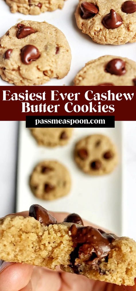 These cashew butter cookies are flourless, made with only three ingredients, are refined sugar free, and taste just like eating your favorite cashew butter straight out of the jar – only better! Butter Cookies Recipes, Cashew Butter Cookies, Cooking Cookies, Cookie Do, Cashew Butter, Dessert Sauces, Cookies Recipes, The Jar, Dark Chocolate Chips