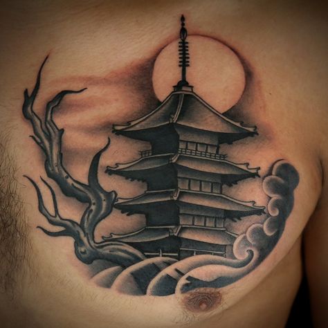 Japanese Tattoo Temple, Japanese House Tattoo, Back Tattoo Template, Japanese Temple Tattoo Design, Temple Tattoo Design, Pagoda Tattoo, Japanese Temple Tattoo, Temple Tattoo, Buddha Tattoo Design