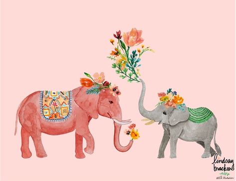 Elephant Doodle, Flower Crown Pink, Theme Jungle, Nursery Flowers, Crown Painting, Elephant Artwork, Crown Pink, Elephant Illustration, Wreath Flower