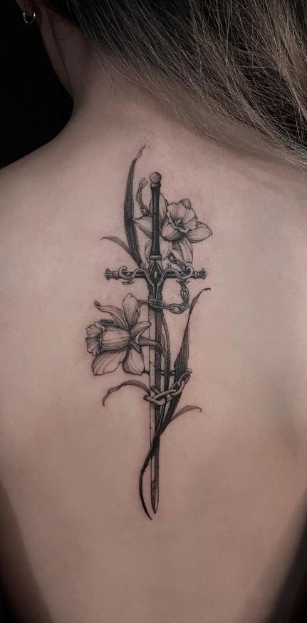 Gothic Daffodil Tattoo, Unique Daffodil Tattoo, Meaningful Nature Tattoos, Narcissistic Tattoo Ideas, Daffodil Tattoo Sleeve, Tattoos Daffodil, Oleander Tattoo, Tattoo Daffodil, Daffodils Tattoo