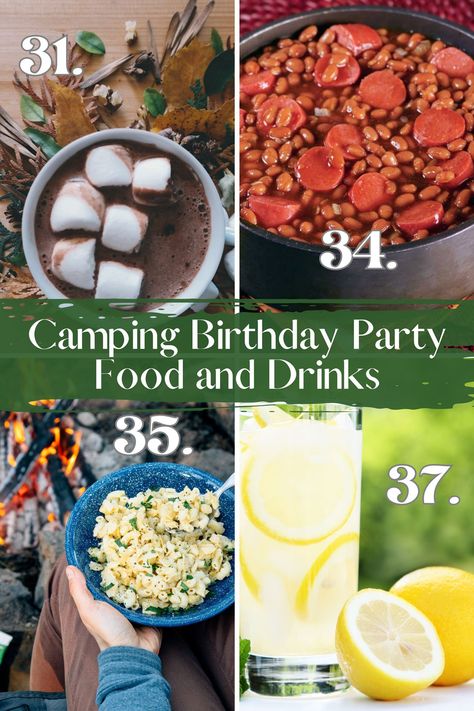 My Fun Camping Birthday Party 37 Festive Ideas - Fun Party Pop Camping Birthday Activities, Campfire Themed Food, Camping Party Snacks, Camping Theme Birthday Party Food, Camp Birthday Party Adult, Camp Themed Food, Camp Party Food, Cabin Birthday Party Ideas Adult, Campfire Party Ideas