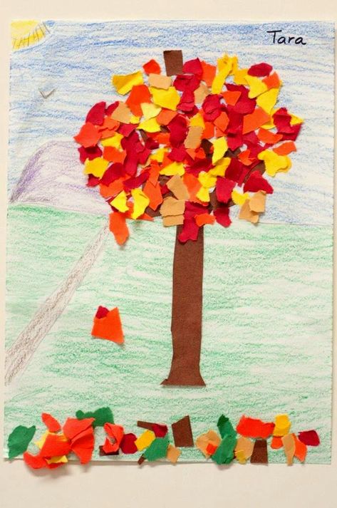 Fall Torn Paper Art, Torn Paper Fall Tree, Fall Trees Art Projects For Kids, Collage Activities For Preschoolers, Tree Art Kindergarten, Fall Tree Art Projects For Kids, Fall Kindergarten Art, Fall Art Kindergarten, Fall Tree Crafts For Kids