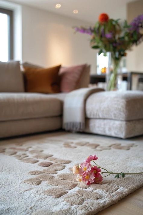 How To Position Rug Under Sectional: Completing The Look Rug Size For Sectional Couch, Rug Under Sectional, Rug Placement In Living Room Sectional, Sectional Rug, Rug Layout, Sofa Placement, Rugs Layout, Center Rugs, Dorm Room Wall Art