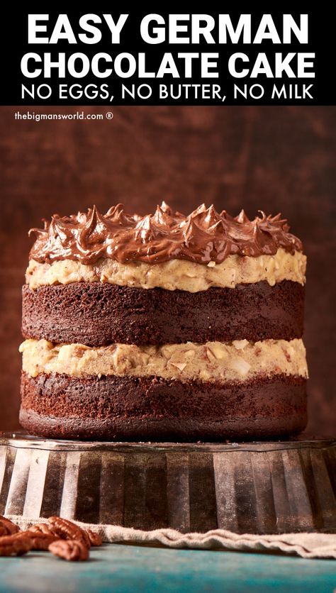 A vegan German chocolate cake Vegan German Chocolate Cake, Gluten Free German Chocolate Cake, German Chocolate Cake Frosting, Cake Minimalist, German Chocolate Cake Recipe, Red Birthday Cakes, Coconut Pecan Frosting, Flourless Cake, Minimalist Baker