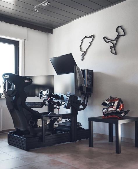 F1 Room Ideas, F1 Gaming Setup, Racing Game Setup, F1 Simulator Room, Mens Room Ideas, Racing Simulator Room, Gaming Cockpit, Race Car Gaming Setup, Steering Wheel Setup Gaming